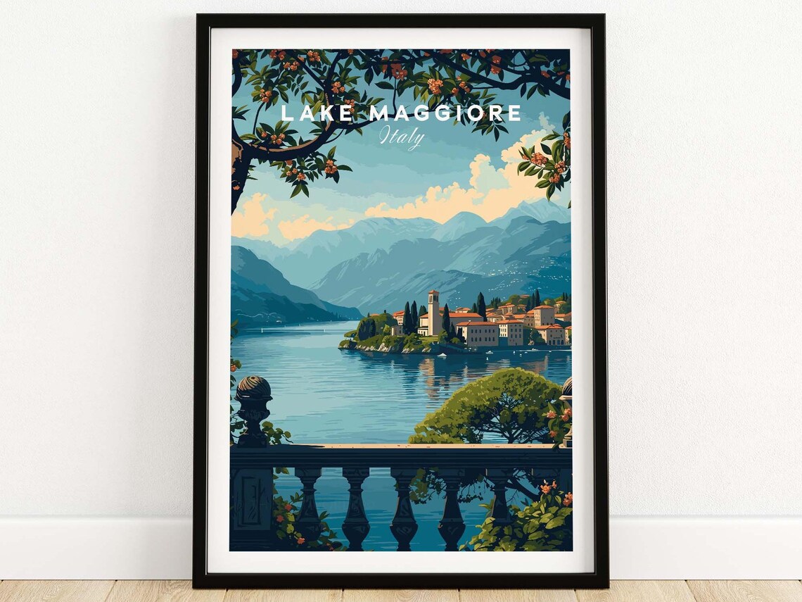 Lake Maggiore Italy Terrace Vista Lakeside Village Travel Poster