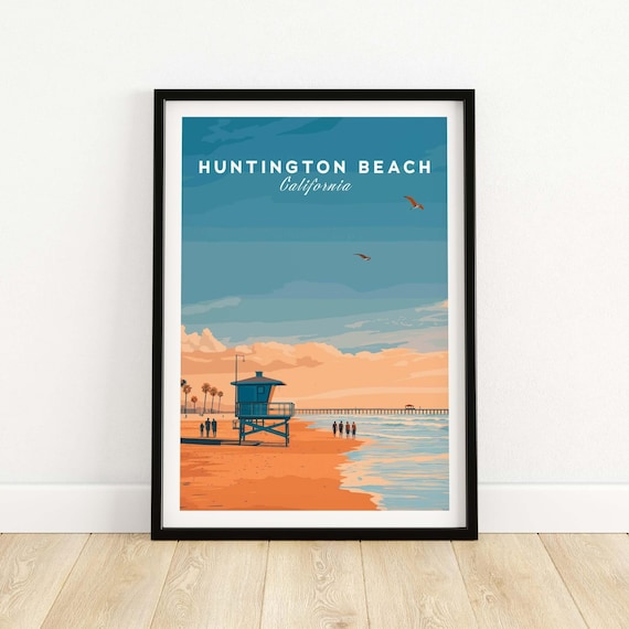 Huntington Beach California Poster Sunset Lifeguard Tower Pier Art