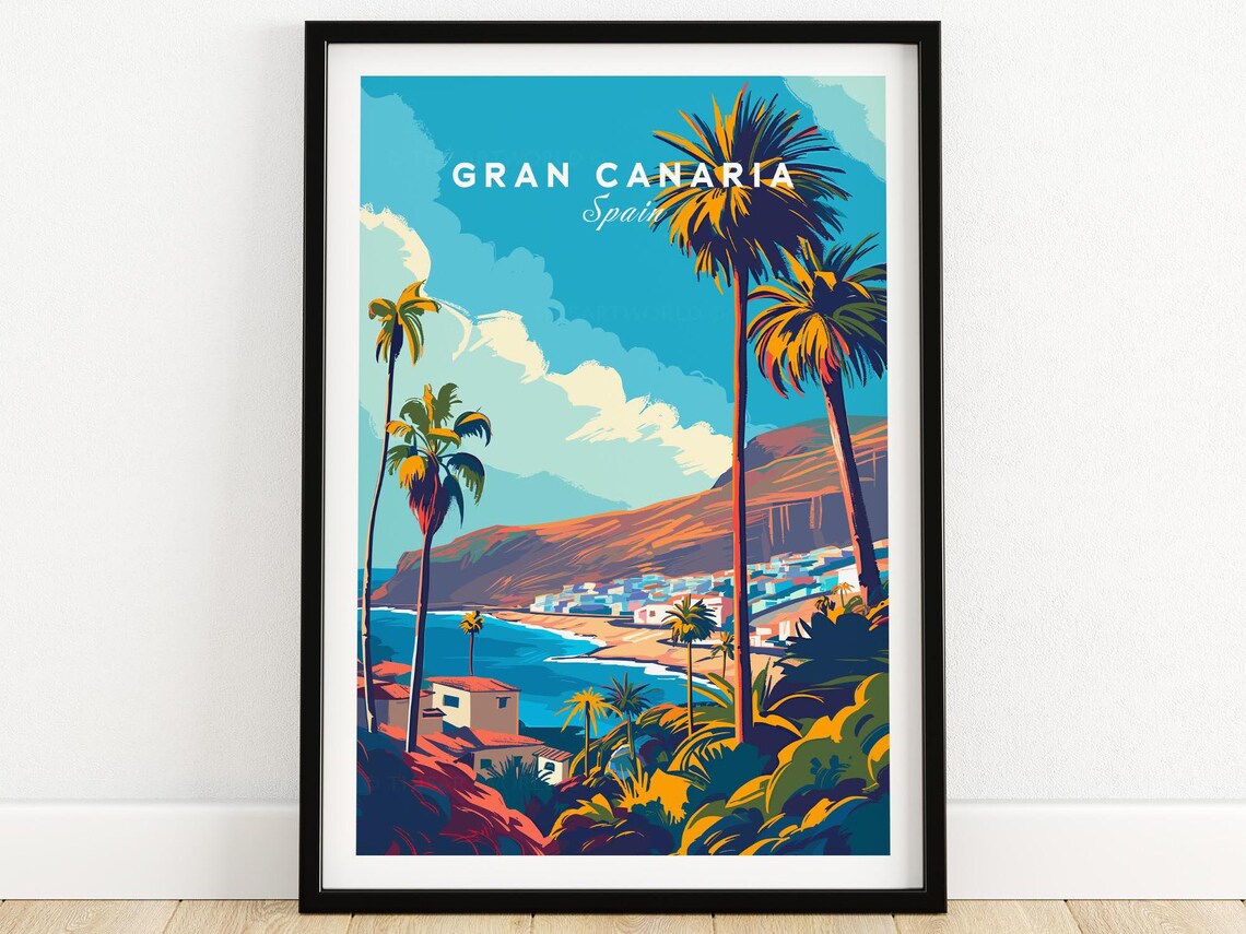 Gran Canaria Spain Coastal Town Palms Hillside Bay View Poster