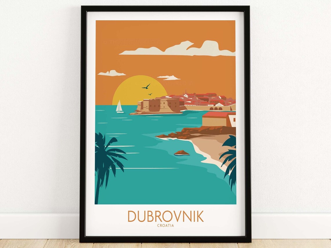 Dubrovnik Croatia Old Town Walls Orange Sunset Sailboat Poster