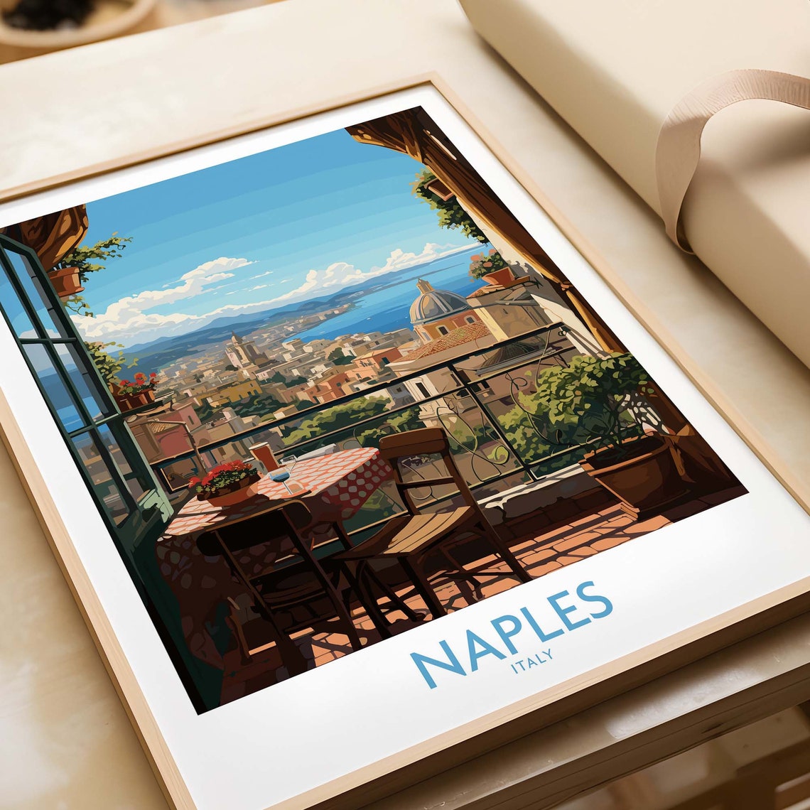 Naples Italy Balcony Cafe View Over Bay Blue Sea Travel Poster