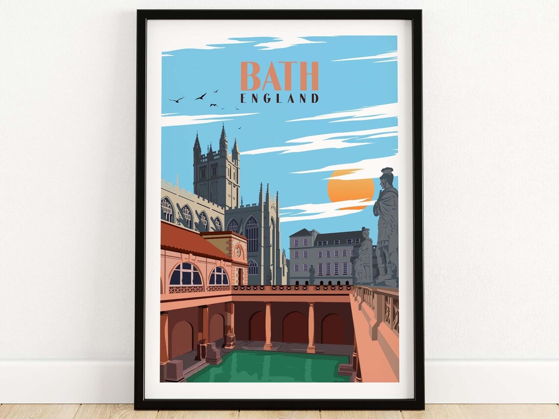 Bath England Roman Baths Abbey Sunset Vintage Style Travel Poster