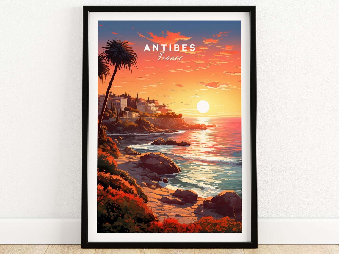 Antibes France Mediterranean Sunset Rocky Coastline Travel Poster