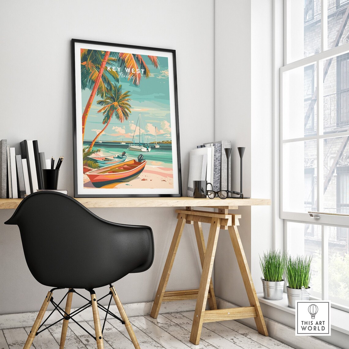 Key West Florida Sunset Boats Harbor Palm Trees Retro Poster - Image 4
