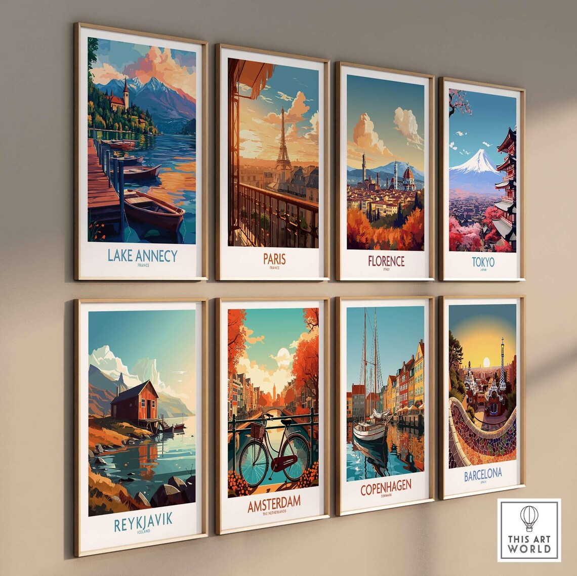 Lake Annecy France Rowboats Dock Mountain Sunset Vintage Travel Poster - Image 3