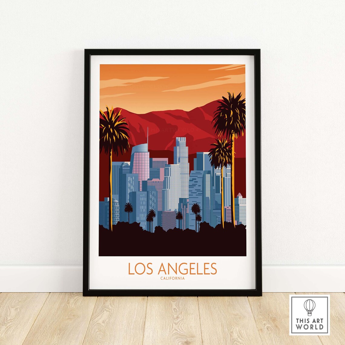 Retro Los Angeles California Downtown Skyline Sunset Palms Poster