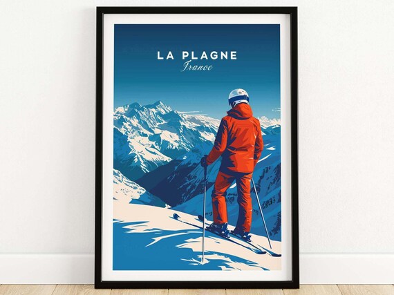 La Plagne France Skier Poster Overlooking Snowy Mountain Panorama