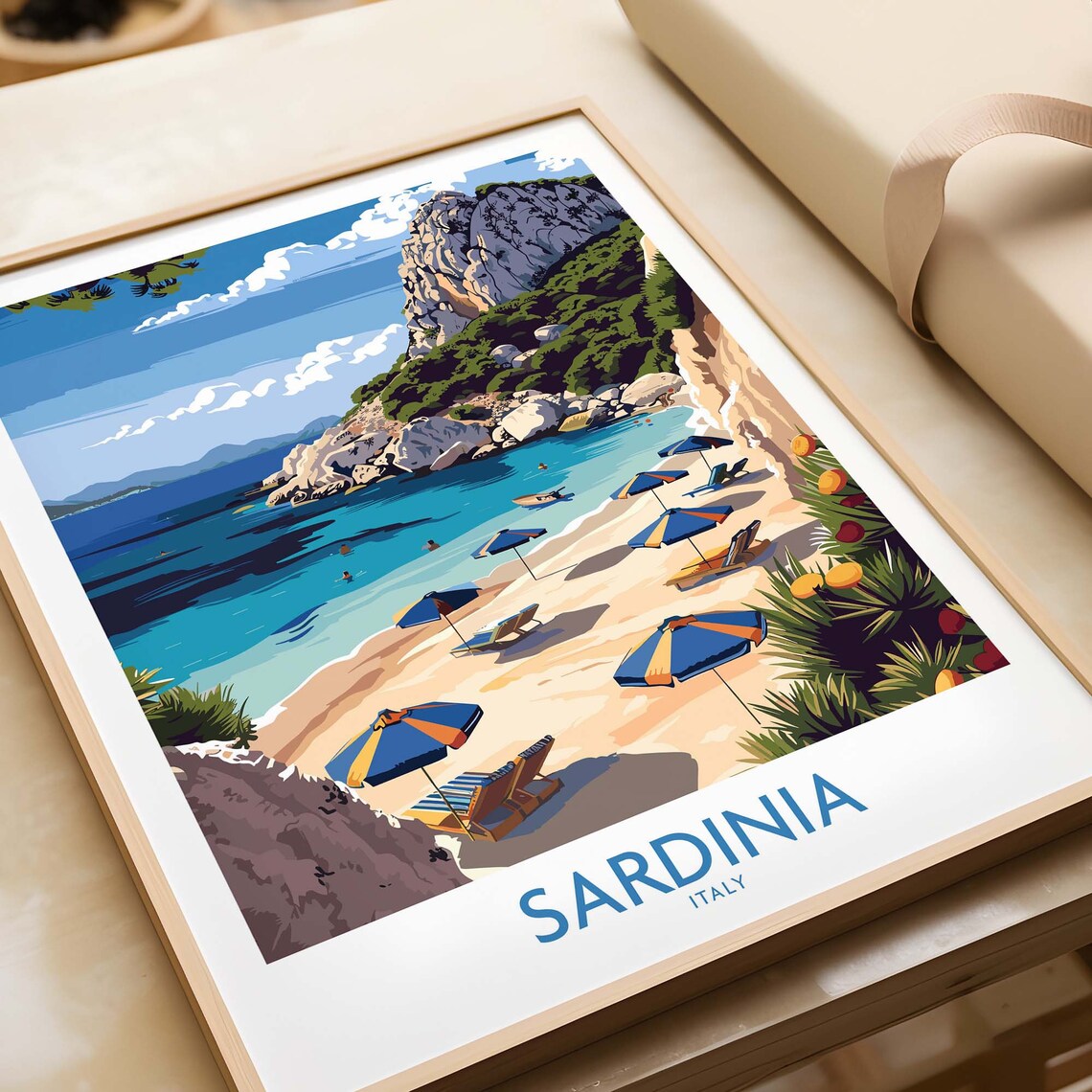 Sardinia Italy Sandy Beach Umbrellas Rocky Cove Turquoise Sea Poster