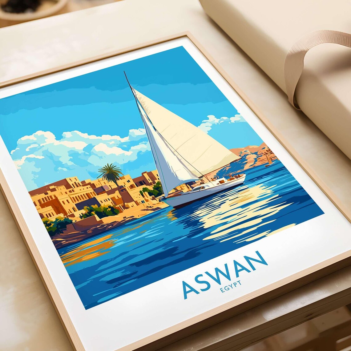 Aswan Egypt Felucca Sailboat Nile River Waterfront Travel Poster
