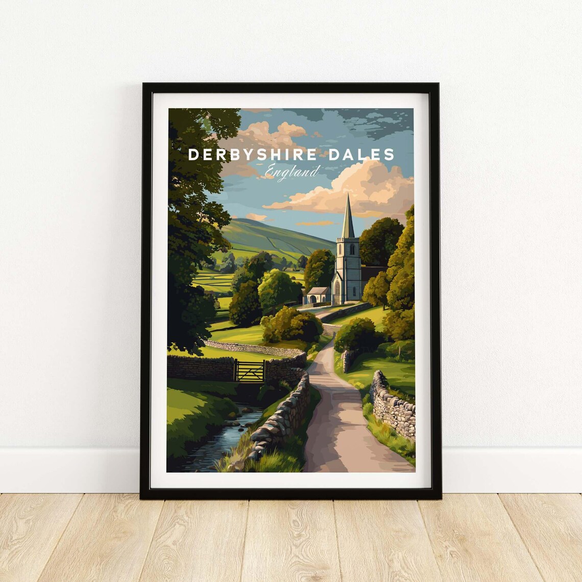 Derbyshire Dales England Country Church Lane Meadows Travel Poster