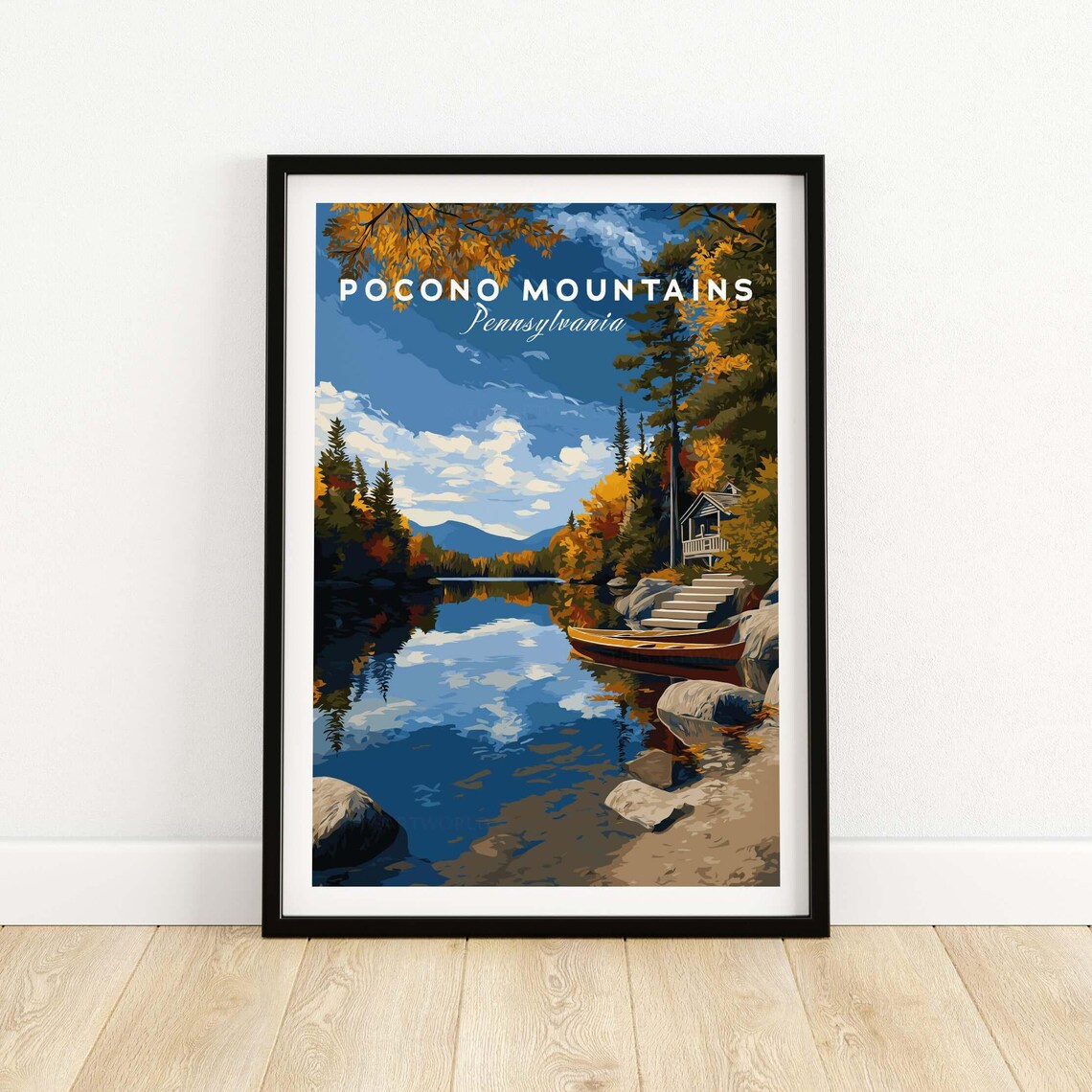 Pocono Mountains Pennsylvania Autumn Lake Cabin Landscape Poster