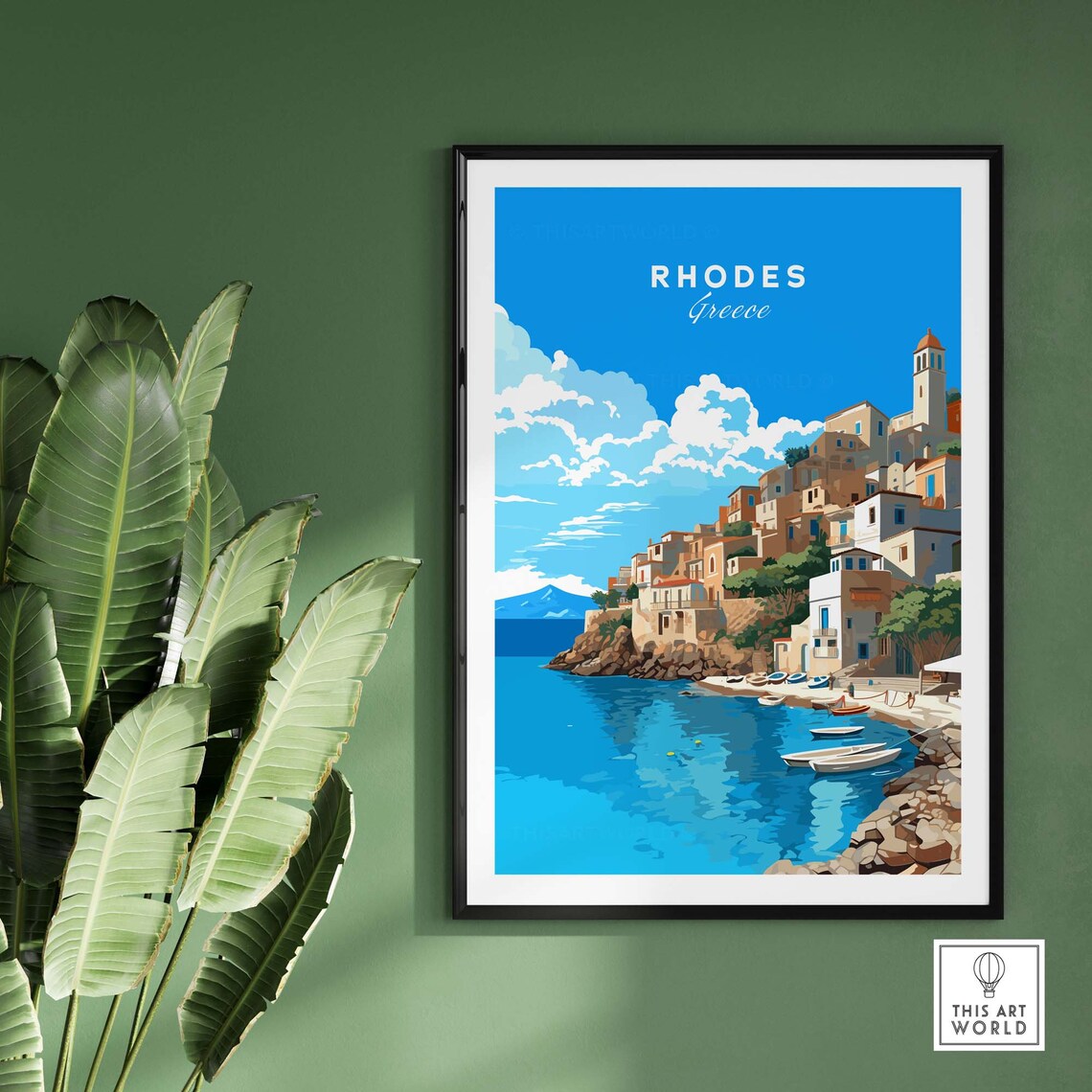 Rhodes Greece Harbor Town Boats Blue Sea Island Coast Travel Poster - Image 2