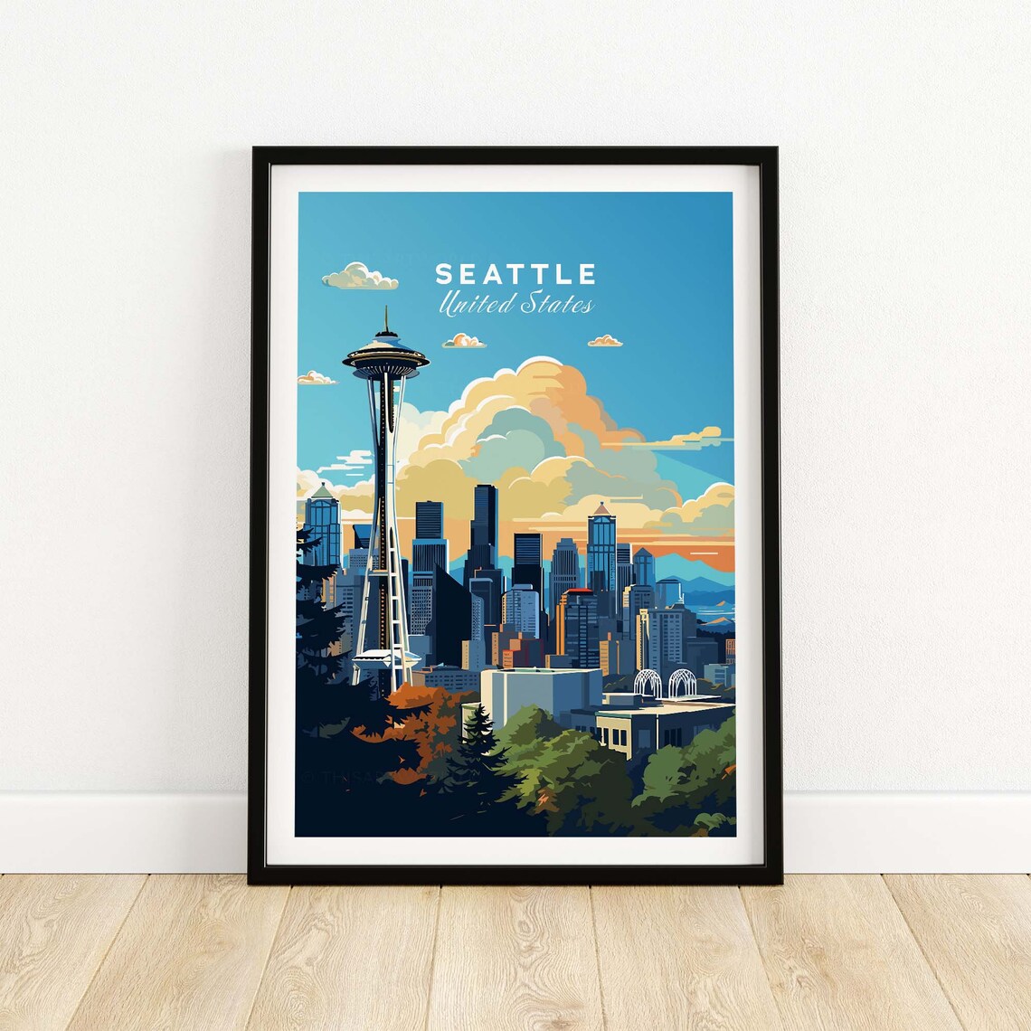 Seattle United States Space Needle Skyline Sunset City Poster
