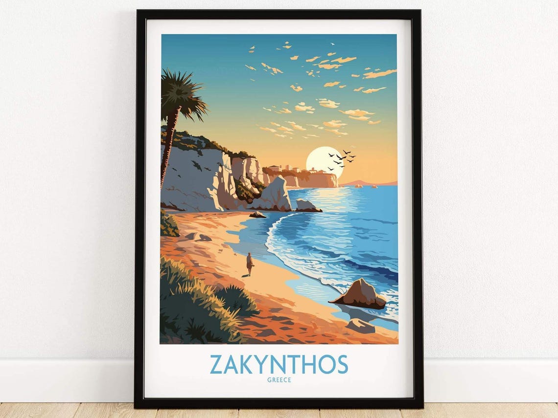 Zakynthos Greece Ionian Cliffs Golden Beach Sunset Travel Poster