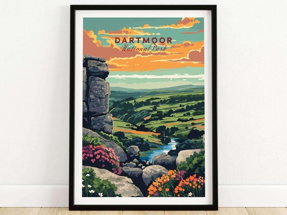 Dartmoor National Park Tor Over Green Valley Vintage Travel Poster