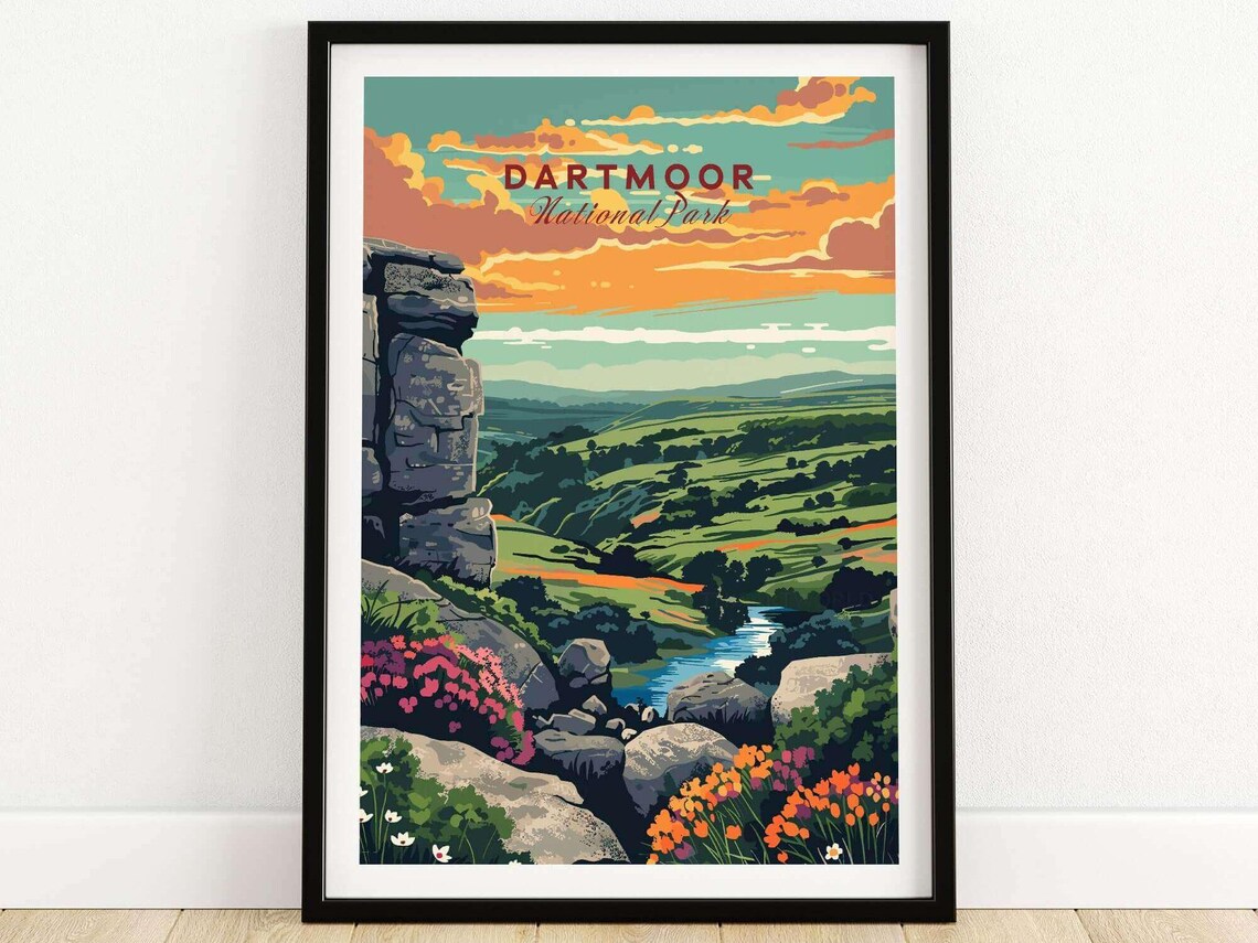 Dartmoor National Park Tor Over Green Valley Vintage Travel Poster