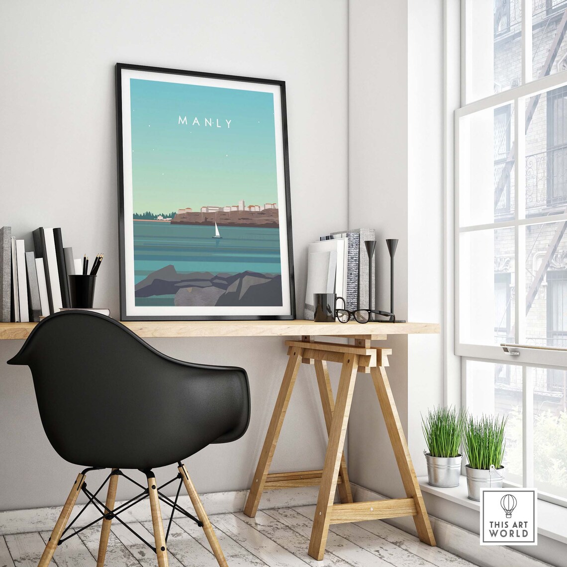 Manly Beach Sydney Minimalist Sailboat Sea Cliff Coast Travel Poster - Image 4