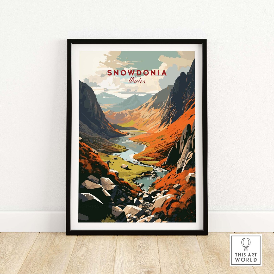 Snowdonia Wales Autumn Mountain Valley River Vintage Travel Art Poster