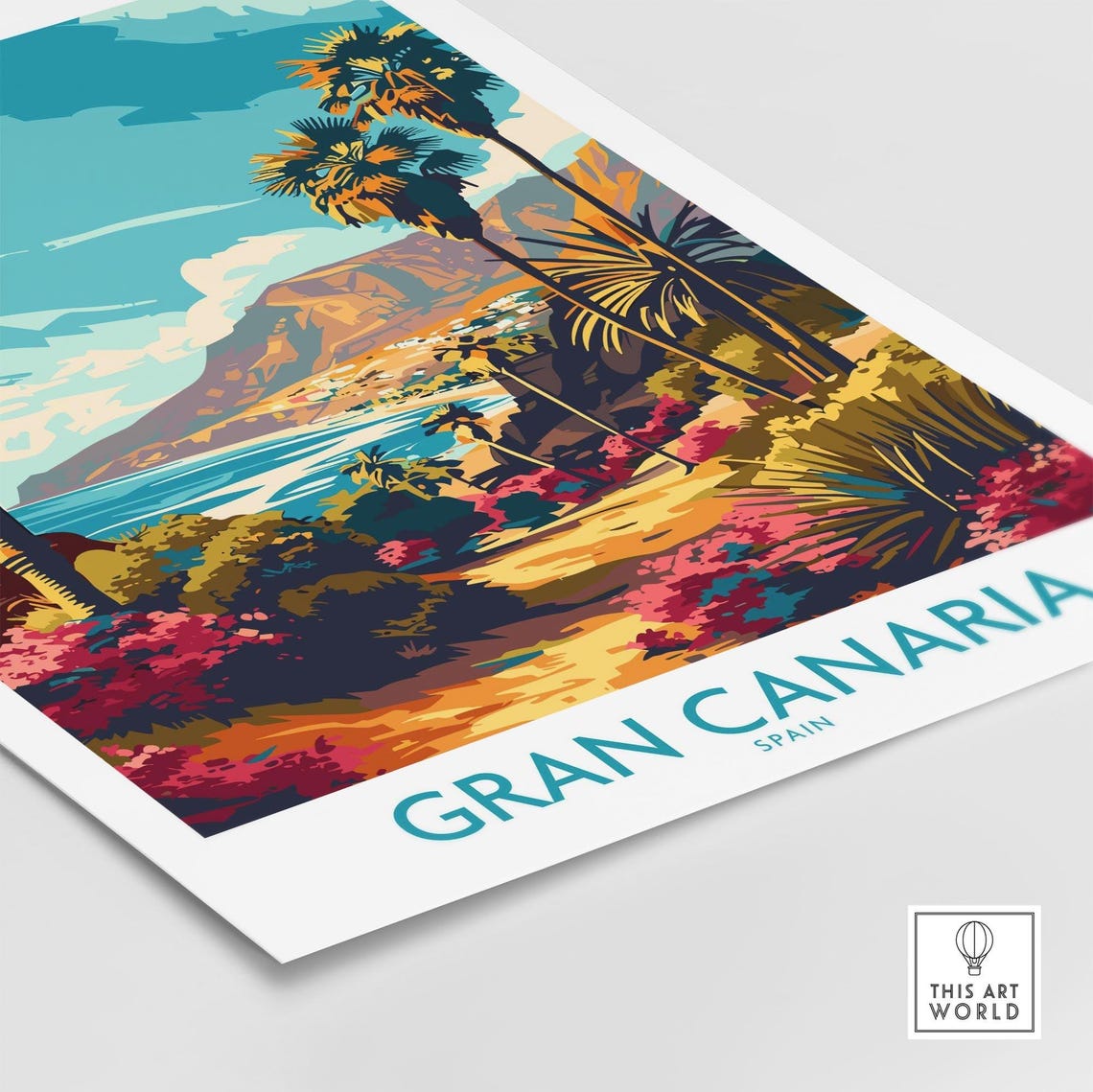 Retro Gran Canaria Spain Palm Coast Cliffs Floral Path Poster - Image 4