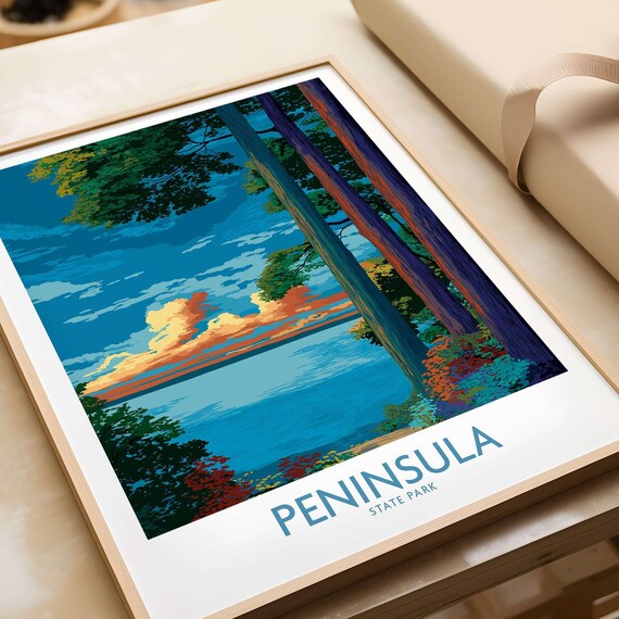 Peninsula State Park Sunset Lake Tall Pines Colourful Travel Poster