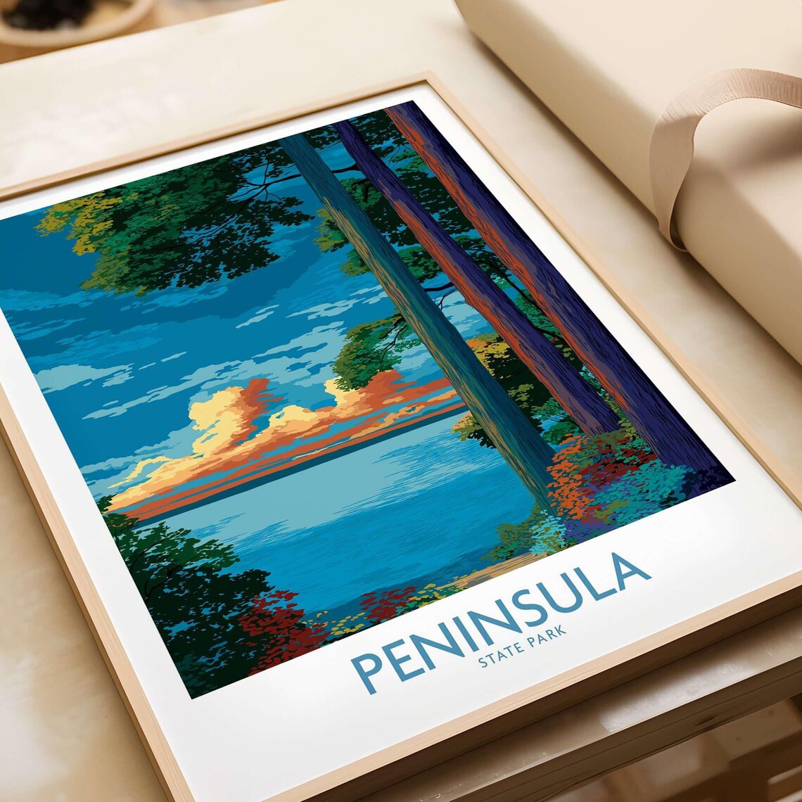 Peninsula State Park Sunset Lake Tall Pines Colourful Travel Poster