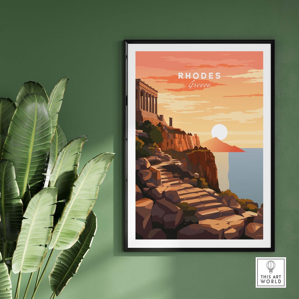 Rhodes Greece Golden Sunset Cliff Temple Seascape Travel Poster - Image 2
