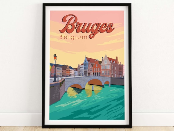 Bruges Travel Poster, Belgian Skyline Wall Art