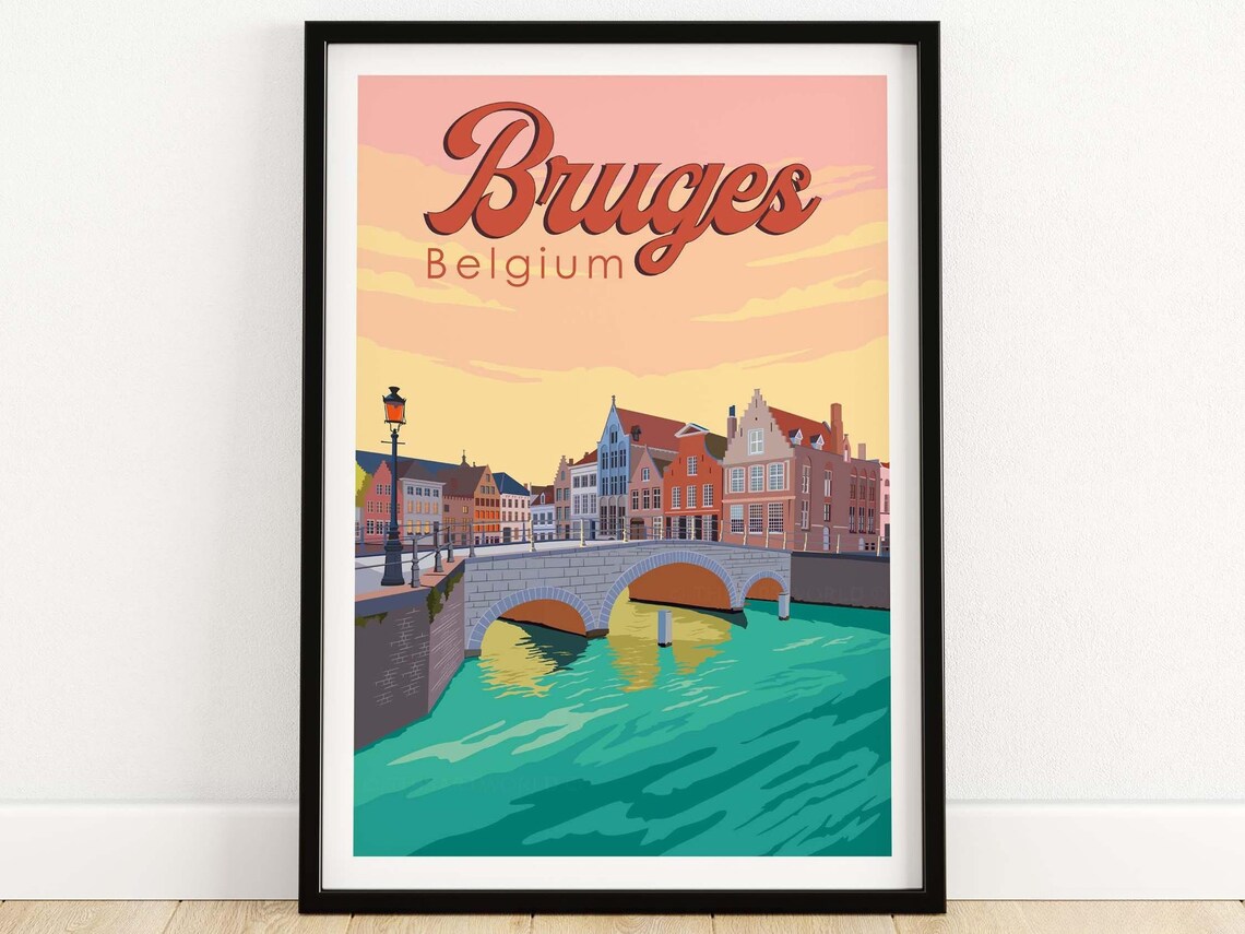 Bruges Travel Poster, Belgian Skyline Wall Art