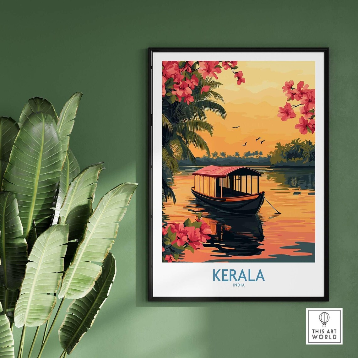 Kerala India Houseboat Sunset Backwaters Palms Travel Poster - Image 2