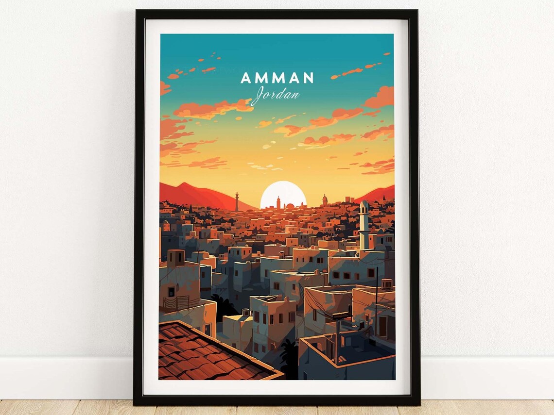 Amman Jordan Cityscape Sunset Minarets Rooftops Retro Travel Poster