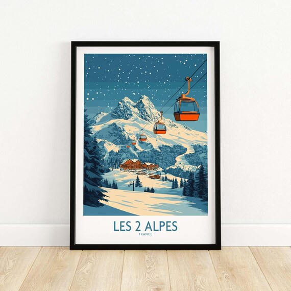 Les 2 Alpes France Night Gondolas and Snowy Mountain View Poster