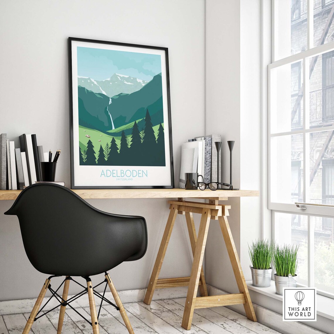 Adelboden Switzerland Alpine Valley Waterfall Meadow Travel Poster - Image 4