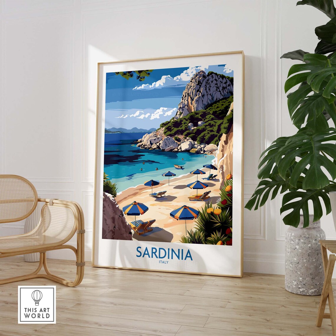 Sardinia Italy Sandy Beach Umbrellas Rocky Cove Turquoise Sea Poster - Image 2