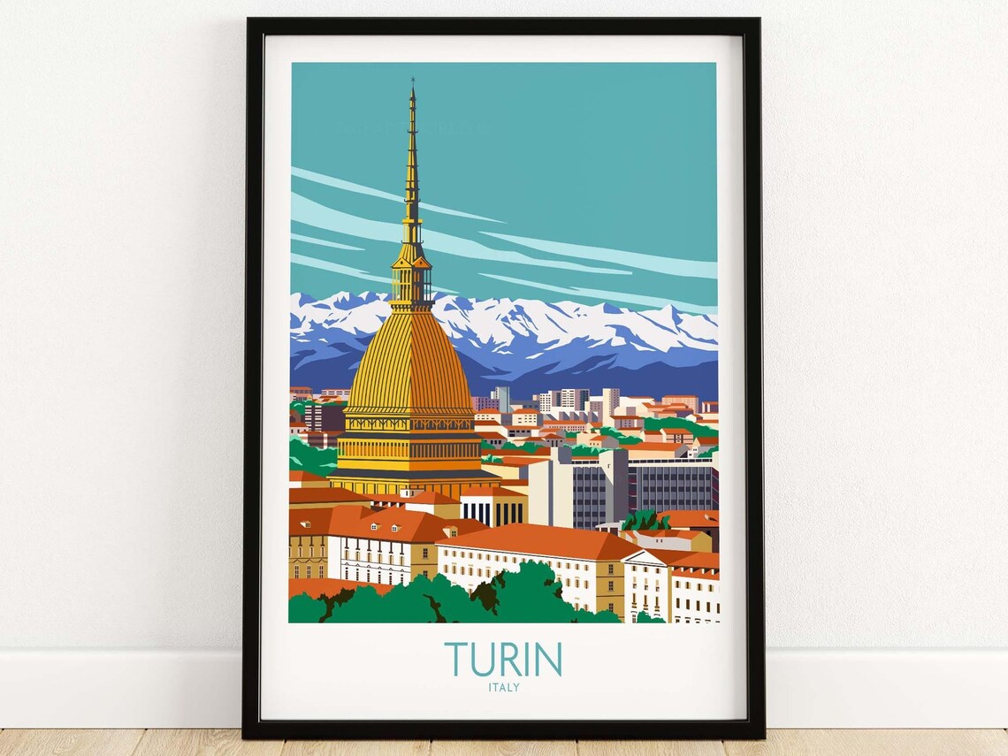 Turin Italy Iconic Mole Antonelliana with Snowy Alps Travel Poster