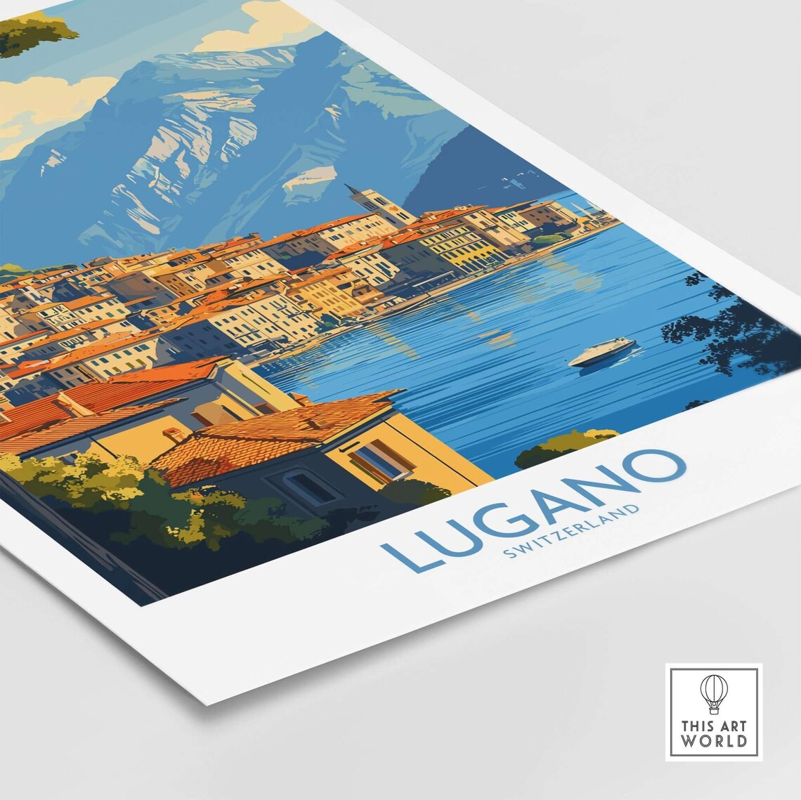 Lugano Switzerland Lakeside Town Mountain View Vintage Travel Poster - Image 4