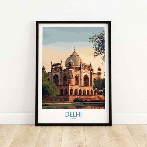 Delhi India Travel Print Mughal Landmark Poster Humayuns Tomb Wall Art Reflection Gift Lovers Illustration Artwork