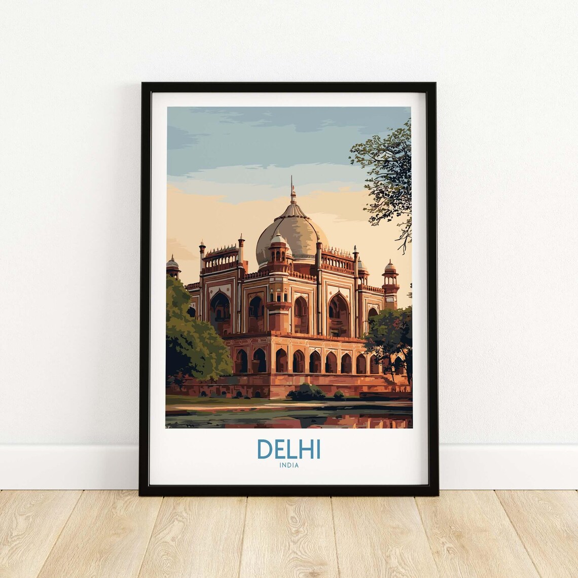 Delhi India Humayun's Tomb Waterfront Sunset Vintage Travel Poster