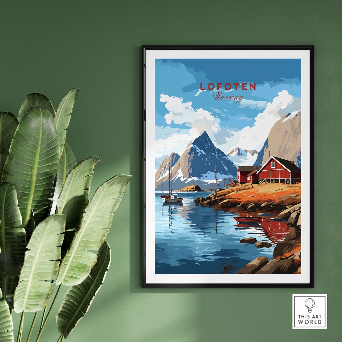 Lofoten Norway Red Cabins Fishing Boats Fjord Mountain Poster - Image 2