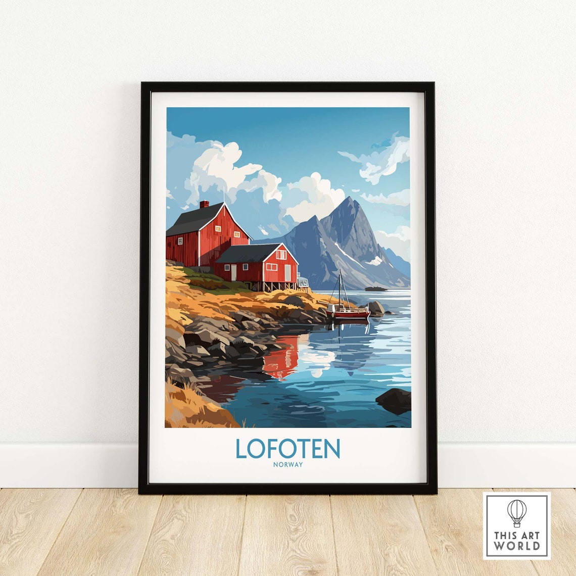 Lofoten Norway Red Cabins Fjord Mountains Harbor Scenic Travel Poster