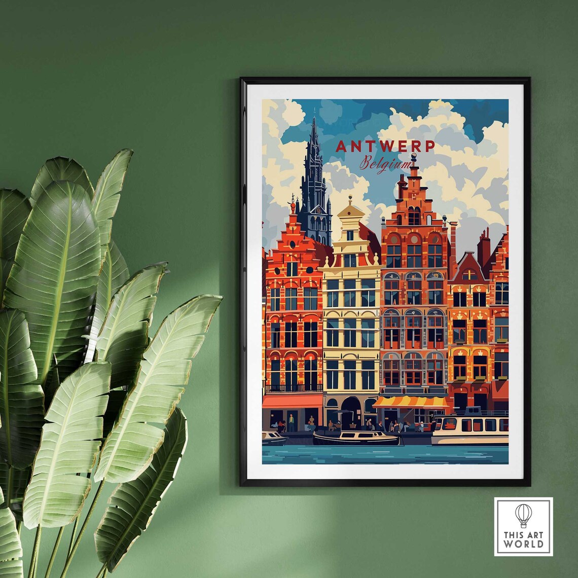 Antwerp Belgium Guild Houses Cathedral Spire Canal Travel Poster - Image 2