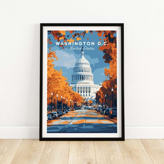 Washington DC Autumn Capitol Fall Foliage Cityscape Travel Poster