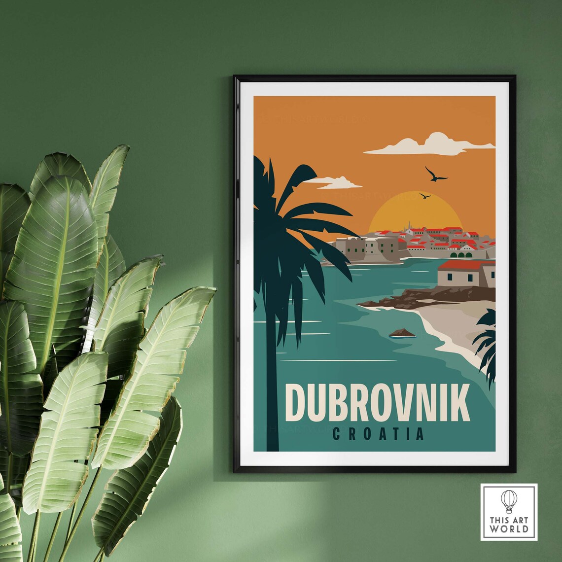 Dubrovnik Croatia Sunset Bay Old Town Palms Seaside Travel Poster - Image 2
