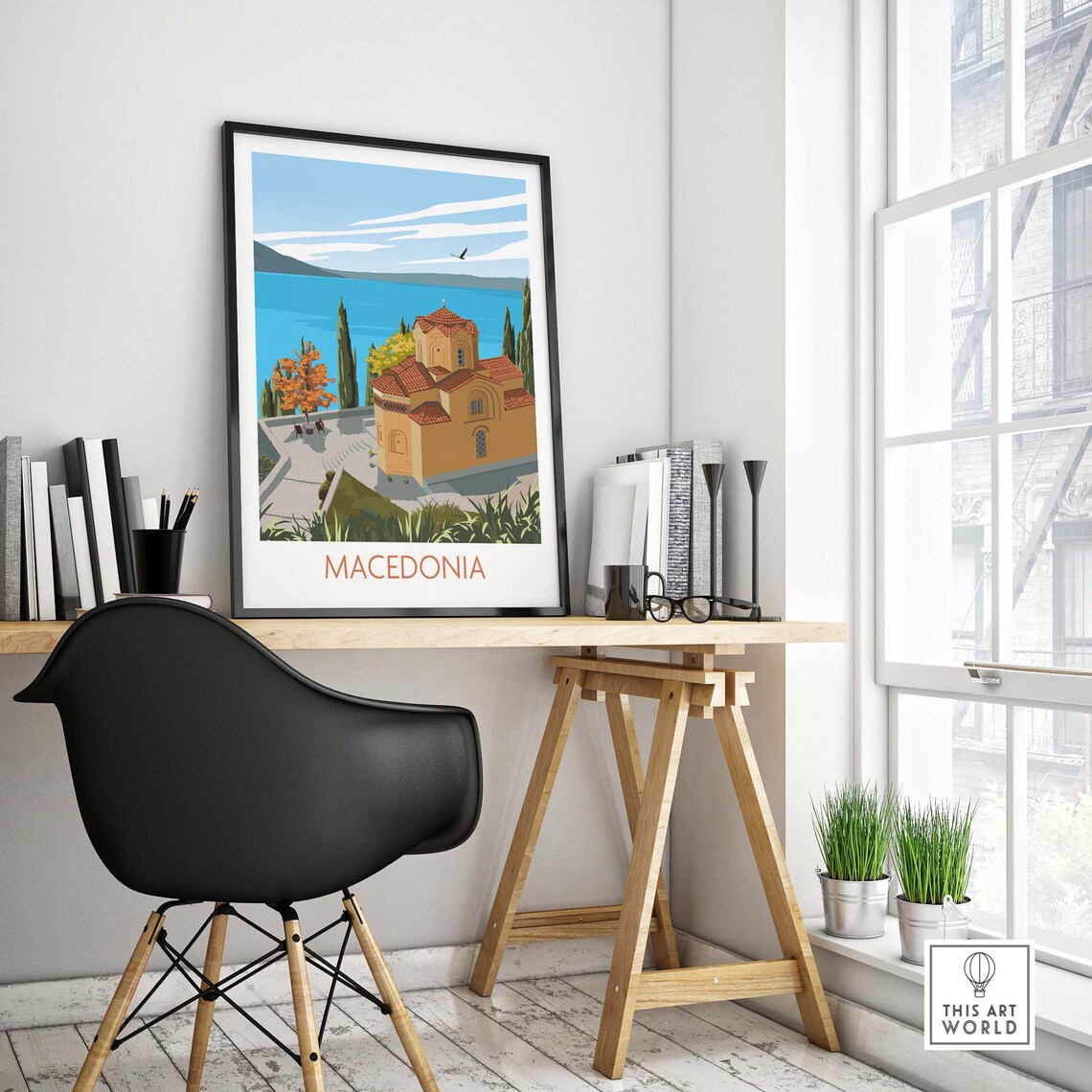 Macedonia Lakeside Orthodox Church Red Domes Blue Water Travel Poster - Image 4