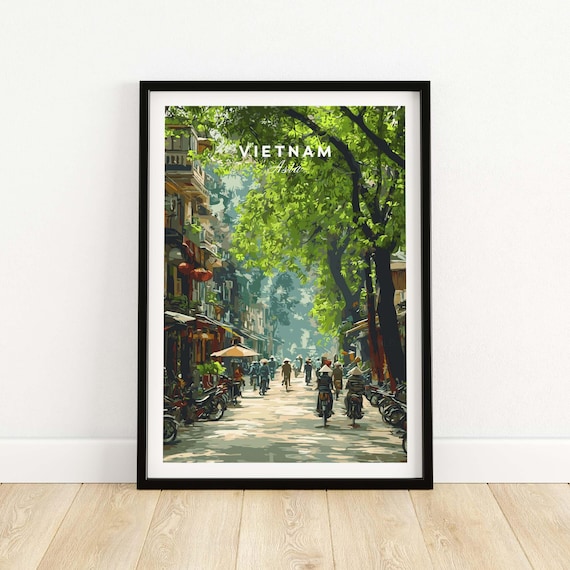 Vietnam Old Quarter Street Poster Motorbikes Lanterns Tree Lined Art