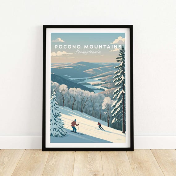 Pocono Mountains Pennsylvania Ski Run Poster Winter Mountain Art Print Travel Wall Lodge Decor Skiers Gift