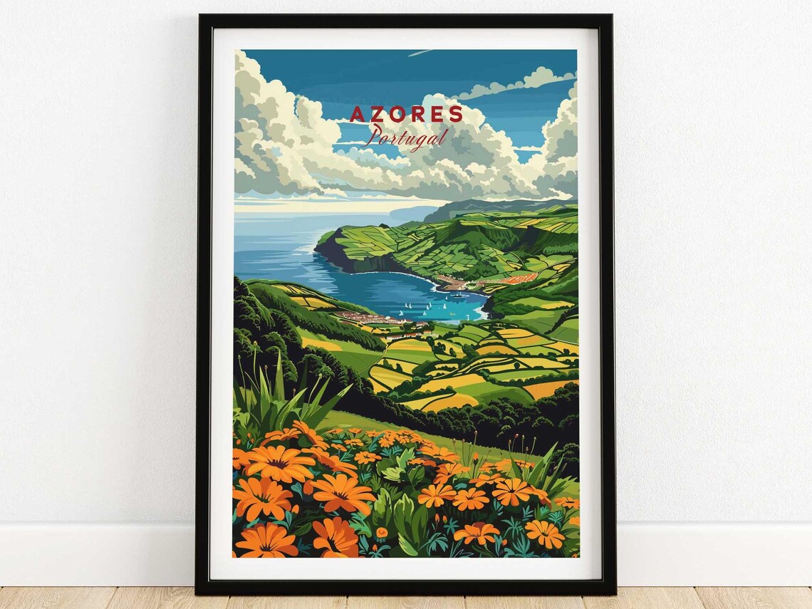 Azores Portugal Green Crater Valley Bay Orange Flowers View Poster