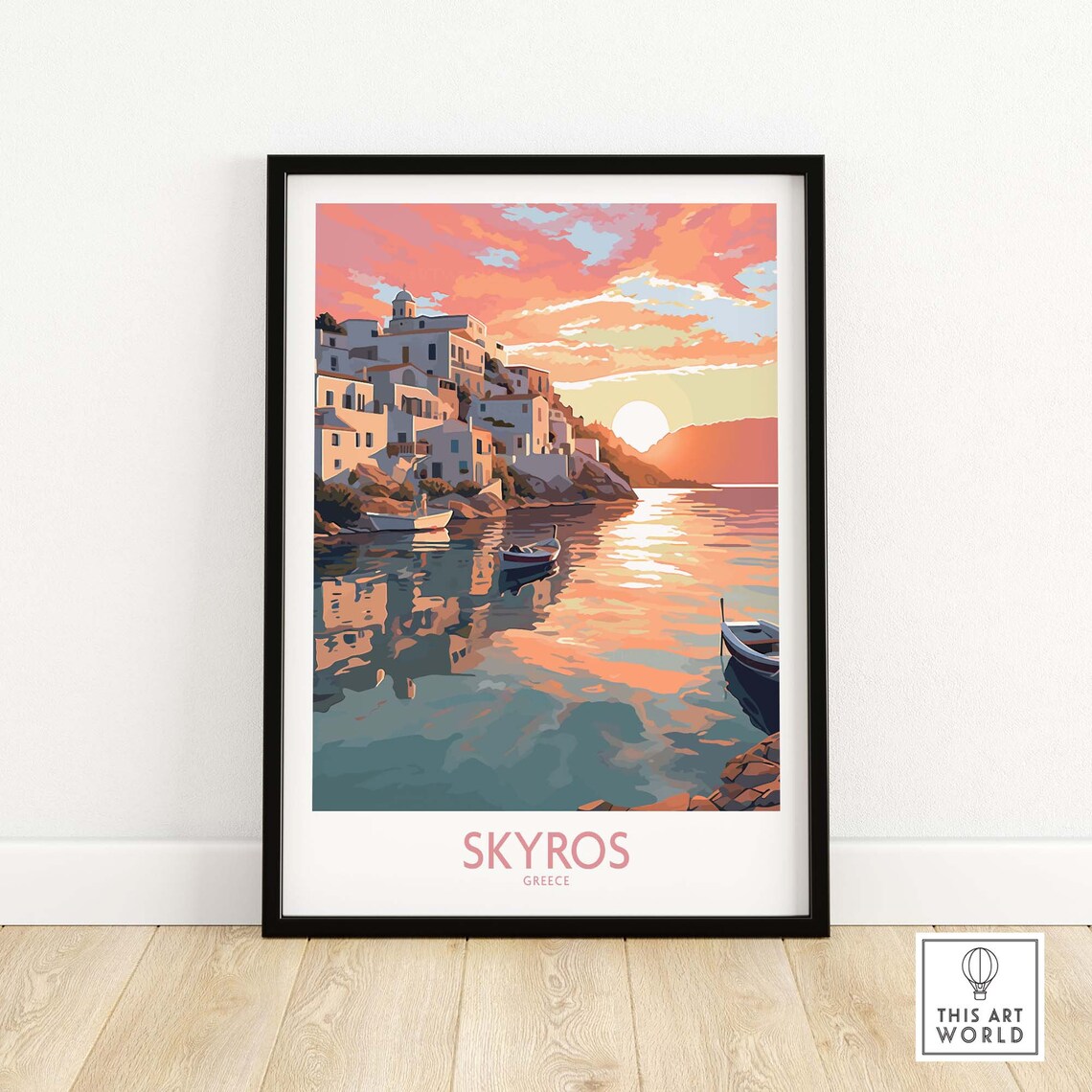 Skyros Greece Whitewashed Island Village Sunset Boats Sea Poster