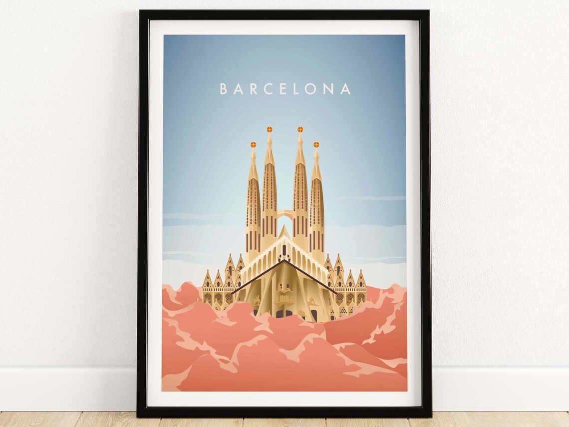 Barcelona Travel Poster, Spain City Skyline Art