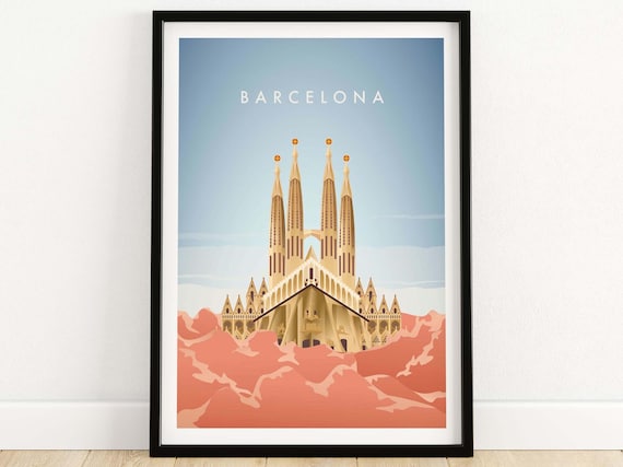 Barcelona Travel Poster, Spain City Skyline Art