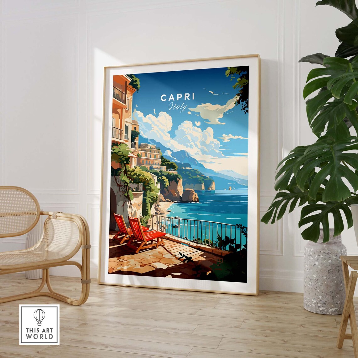 Capri Italy Seaside Terrace Red Lounge Chairs Cliff View Art Poster - Image 3